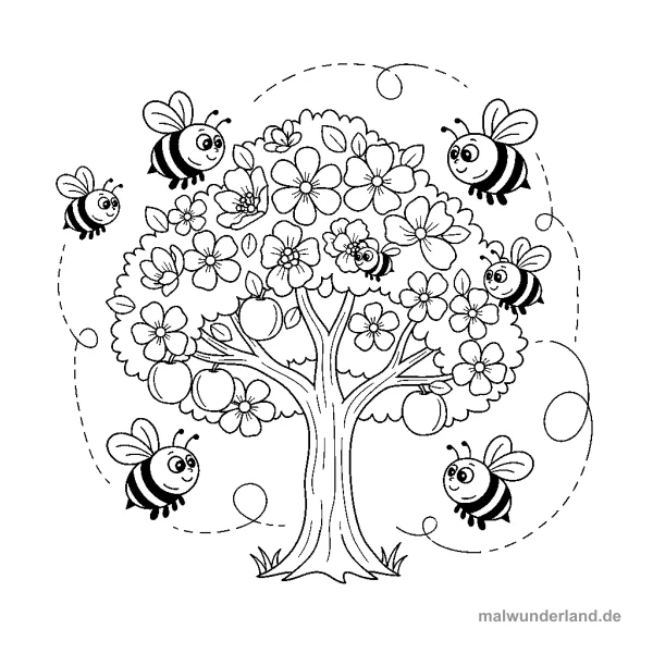 Bienen am Blütenbaum - Kostenloses Ausmalbild zum Ausdrucken