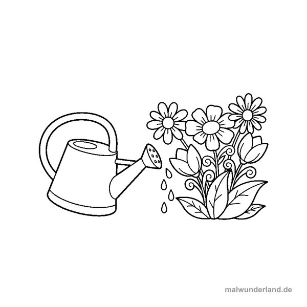 Gießkanne und Blumen - Kostenloses Ausmalbild zum Ausdrucken