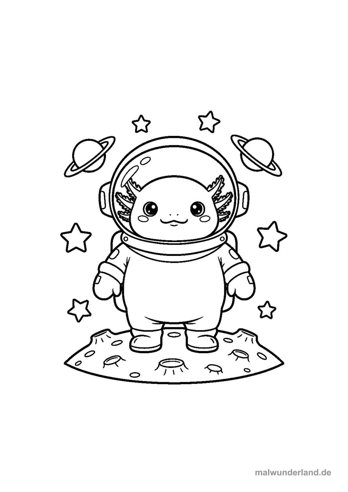 Axolotl Astronaut auf dem Mond – Druckvorschau auf A4