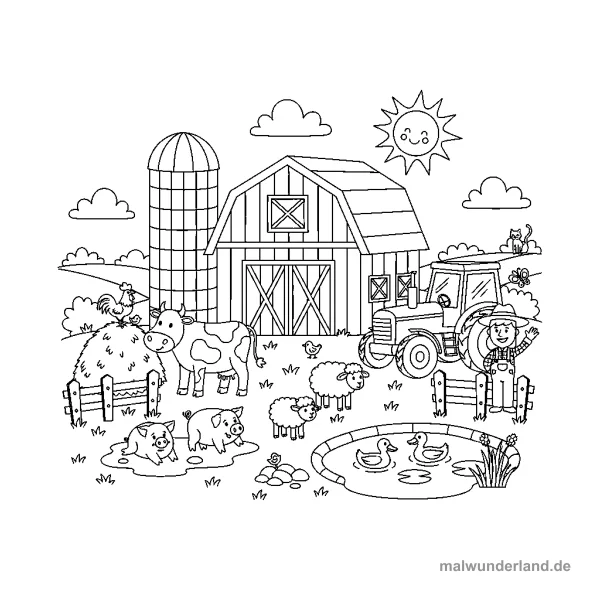 Bauernhof-Szene - Kostenloses Ausmalbild zum Ausdrucken