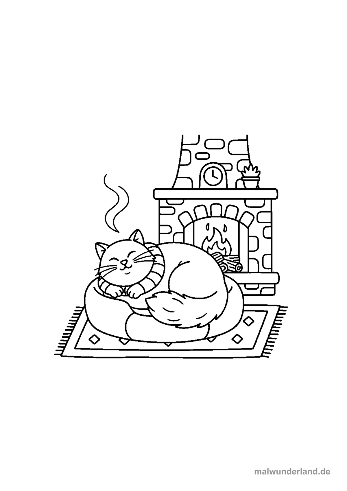 Kuschelnde Katze am Kamin – Druckvorschau auf A4