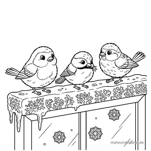 Wintervögel am Fenster - Kostenloses Ausmalbild zum Ausdrucken