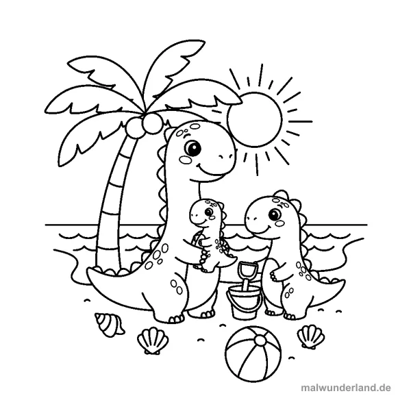 Dinosaurier-Familie am Strand - Kostenloses Ausmalbild zum Ausdrucken
