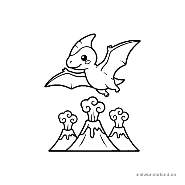 Pteranodon fliegt über Vulkane - Kostenloses Ausmalbild zum Ausdrucken