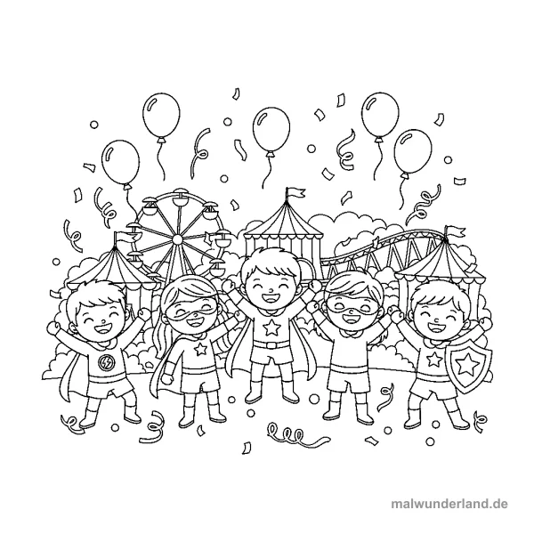 Superhelden-Party - Kostenloses Ausmalbild zum Ausdrucken