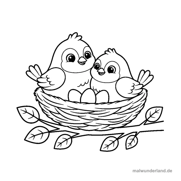 Vogelpärchen im Nest - Kostenloses Ausmalbild zum Ausdrucken