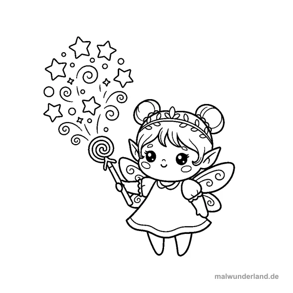 Elf mit Zauberstab und Sternenstaub - Kostenloses Ausmalbild zum Ausdrucken