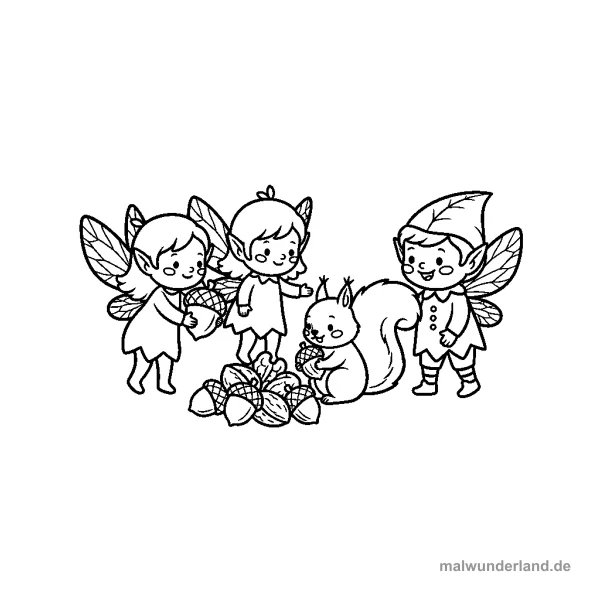 Elfe mit Eichhörnchen und Nüssen