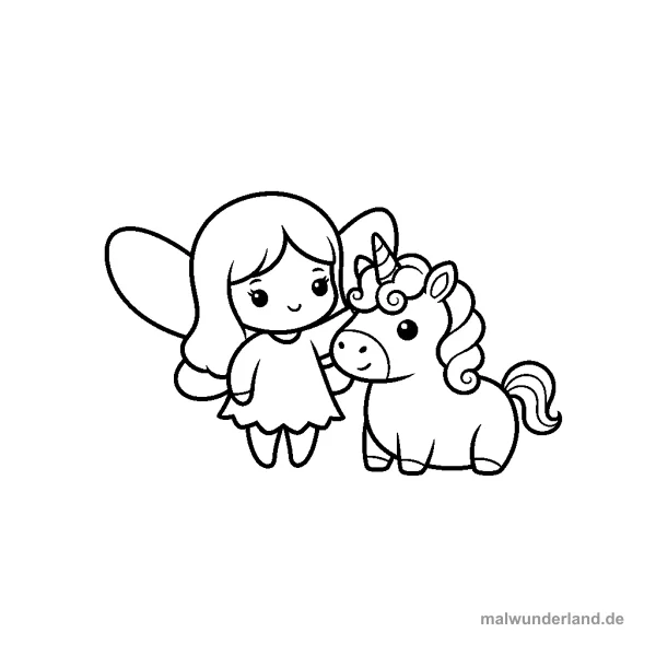 Fee, die ein Einhorn streichelt - Kostenloses Ausmalbild zum Ausdrucken