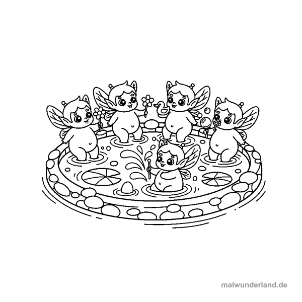 Feen, die im Teich baden - Kostenloses Ausmalbild zum Ausdrucken