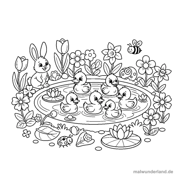 Entchen im Teich - Kostenloses Ausmalbild zum Ausdrucken