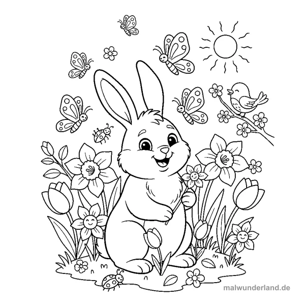 Schmetterlinge und Narzissen - Kostenloses Ausmalbild zum Ausdrucken