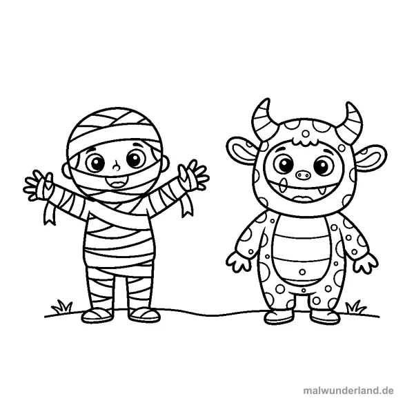 Kinder im Halloween-Kostüm - Kostenloses Ausmalbild zum Ausdrucken