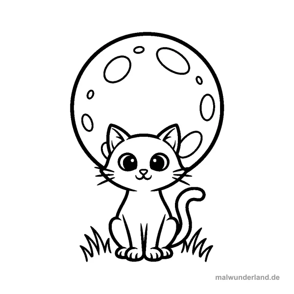 Schwarze Katze im Mondlicht - Kostenloses Ausmalbild zum Ausdrucken