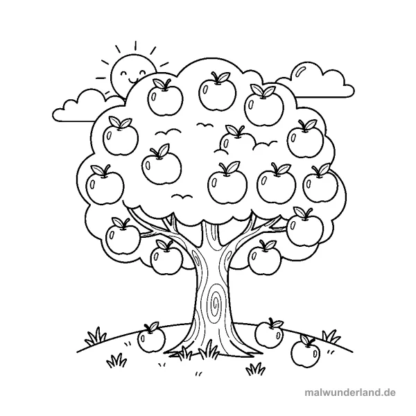 Apfelbaum mit Äpfeln - Kostenloses Ausmalbild zum Ausdrucken