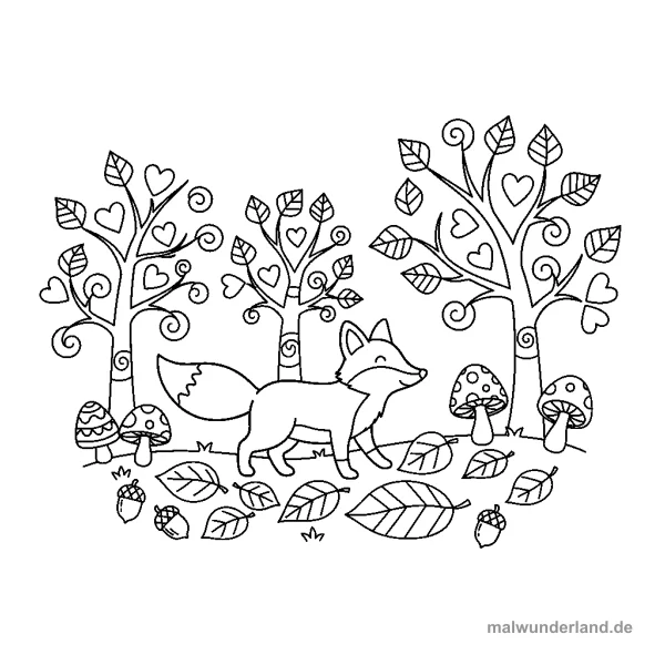 Fuchs im Herbstwald - Kostenloses Ausmalbild zum Ausdrucken
