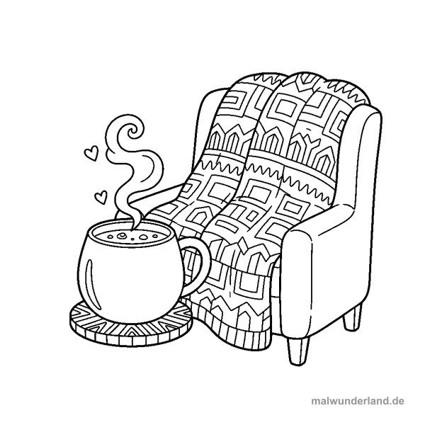 Heißgetränk und Kuscheldecke - Kostenloses Ausmalbild zum Ausdrucken