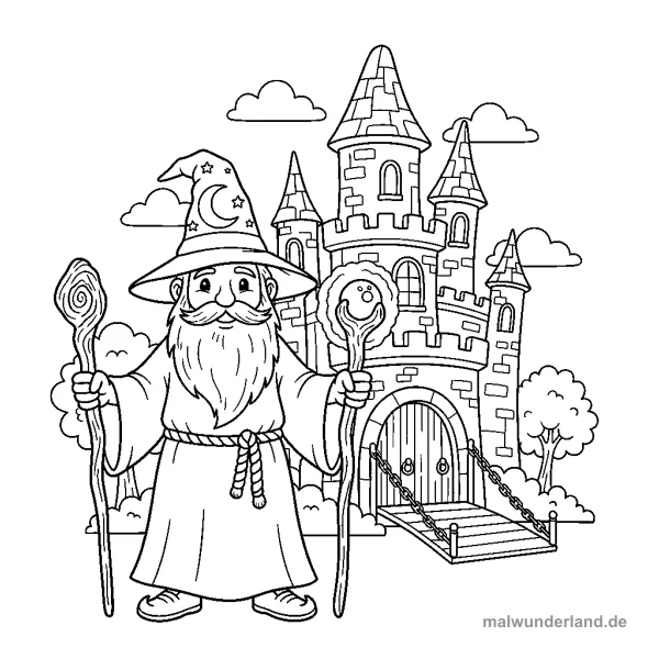 Zauberer vor Burg - Kostenloses Ausmalbild zum Ausdrucken