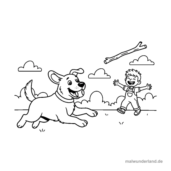 Hund spielt Fangen - Kostenloses Ausmalbild zum Ausdrucken