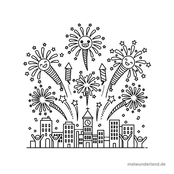 Silvester Feuerwerk - Kostenloses Ausmalbild zum Ausdrucken