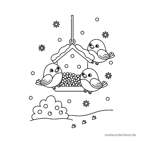Vögel am Futterhaus - Kostenloses Ausmalbild zum Ausdrucken