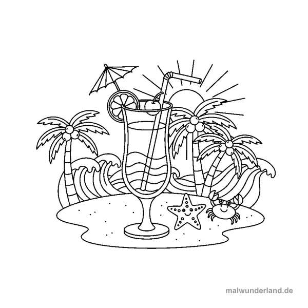 Tropischer Cocktail - Kostenloses Ausmalbild zum Ausdrucken