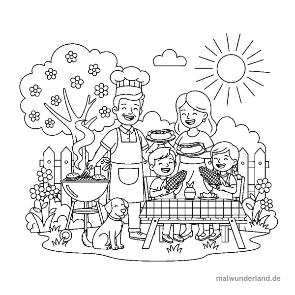 Grillparty im Garten - Kostenloses Ausmalbild zum Ausdrucken