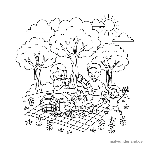 Picknick im Park - Kostenloses Ausmalbild zum Ausdrucken