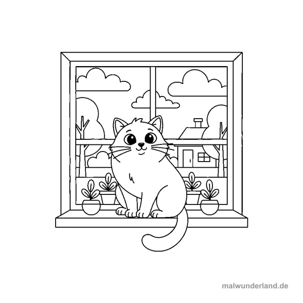 Katze am Fenster - Kostenloses Ausmalbild zum Ausdrucken