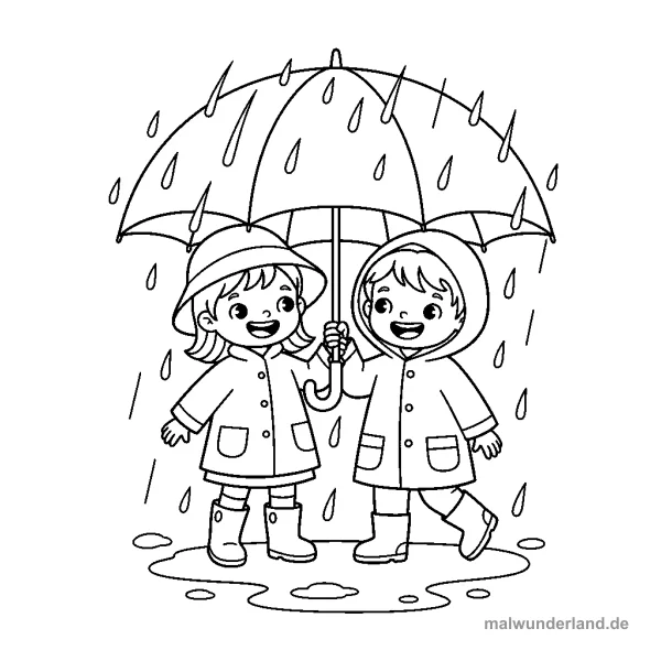 Kinder mit Regenschirm - Kostenloses Ausmalbild zum Ausdrucken