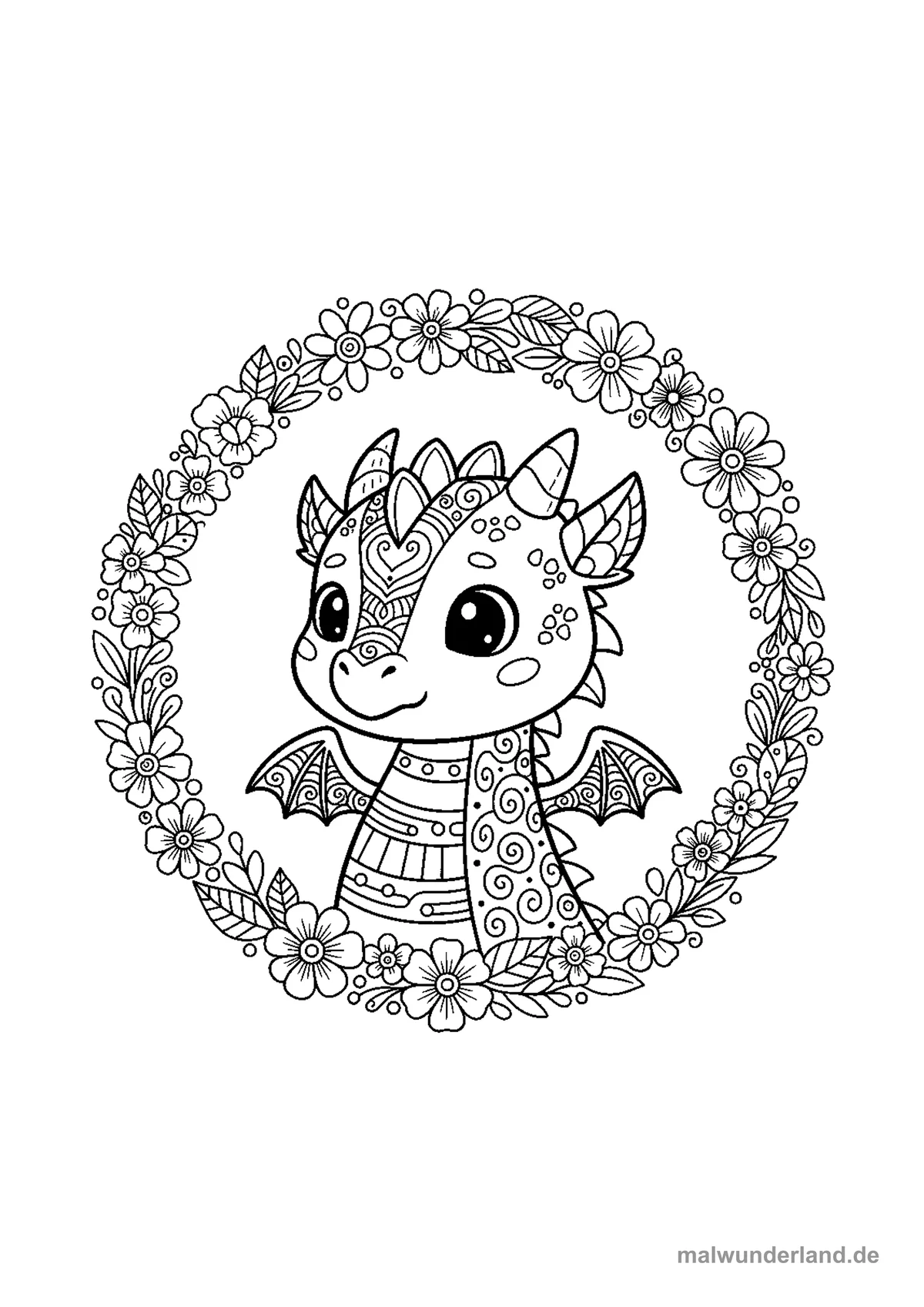 Drachen-Portrait mit floralem Rahmen – Druckvorschau auf A4