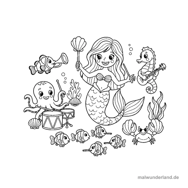 Musikalische Meeresbewohner - Kostenloses Ausmalbild zum Ausdrucken
