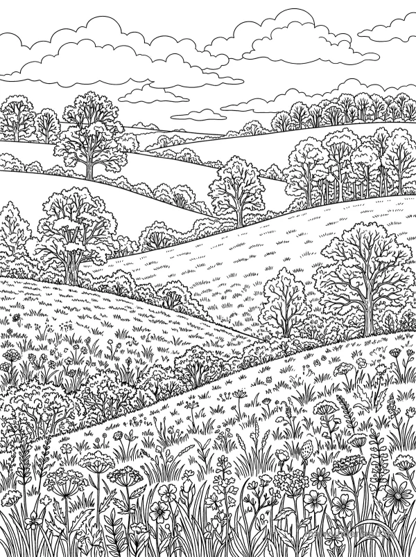 Sanfte Hügellandschaft - Kostenloses Ausmalbild zum Ausdrucken