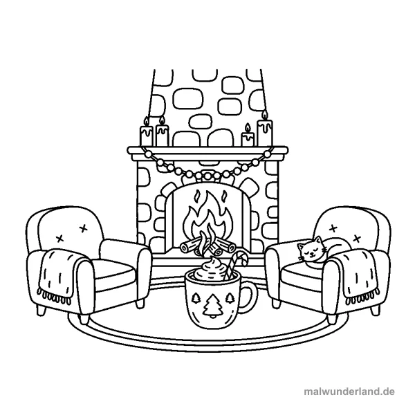 Heißgetränk am Kamin - Kostenloses Ausmalbild zum Ausdrucken