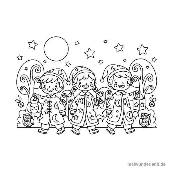 Kinder mit Laternen - Kostenloses Ausmalbild zum Ausdrucken