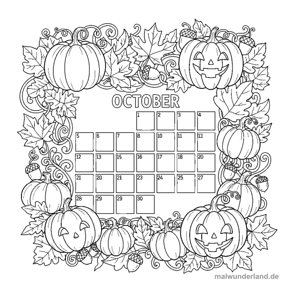 Oktober Kalenderblatt - Kostenloses Ausmalbild zum Ausdrucken