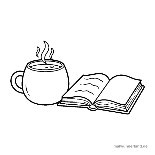 Tasse Tee und Buch - Kostenloses Ausmalbild zum Ausdrucken