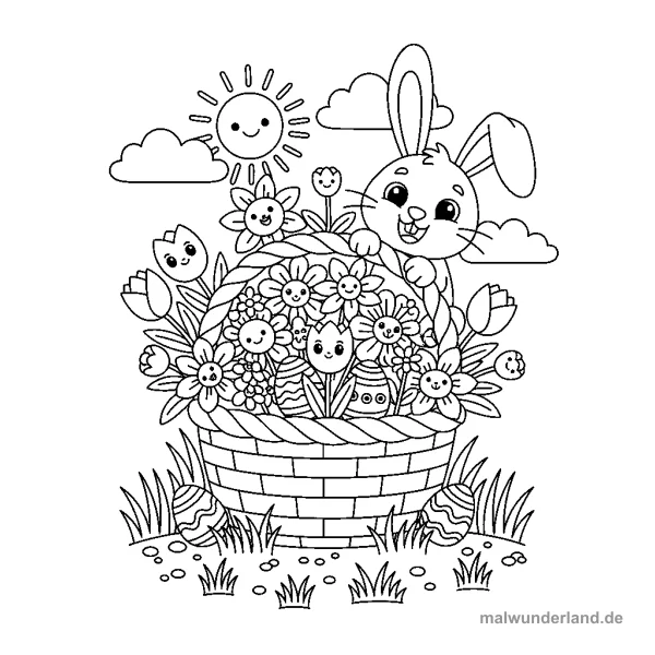 Korb voller Blumen - Kostenloses Ausmalbild zum Ausdrucken