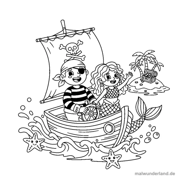 Meerjungfrau im Piratenboot - Kostenloses Ausmalbild zum Ausdrucken