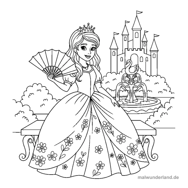 Prinzessin mit Fächer - Kostenloses Ausmalbild zum Ausdrucken