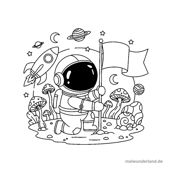 Astronaut mit Flagge - Kostenloses Ausmalbild zum Ausdrucken