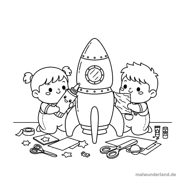 Raketenwerkstatt - Kostenloses Ausmalbild zum Ausdrucken