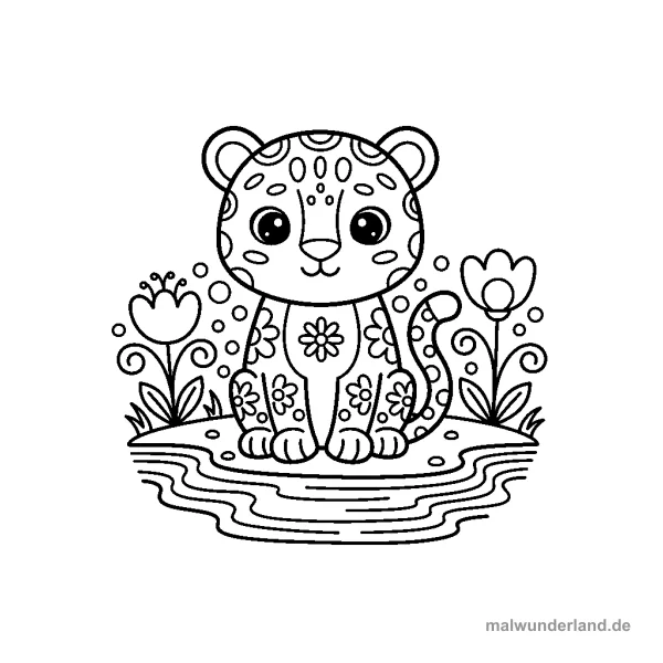 Jaguar am Flussufer - Kostenloses Ausmalbild zum Ausdrucken