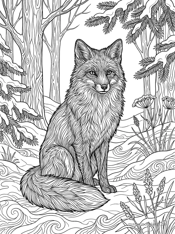 Fuchs im Schnee - Kostenloses Ausmalbild zum Ausdrucken