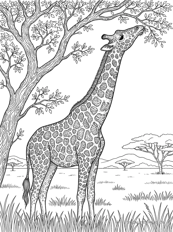 Giraffe in der Savanne - Kostenloses Ausmalbild zum Ausdrucken