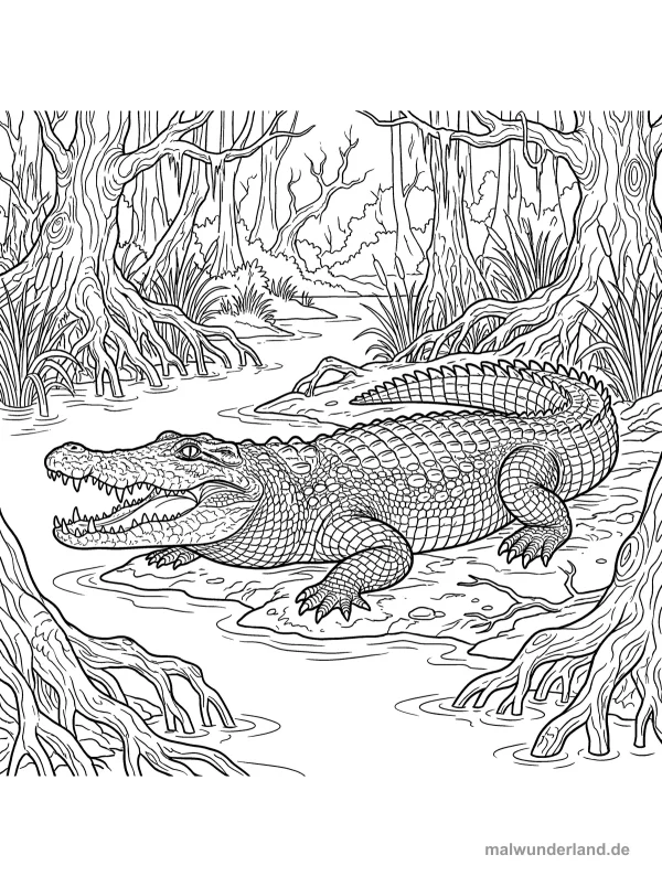 Krokodil am Ufer - Kostenloses Ausmalbild zum Ausdrucken