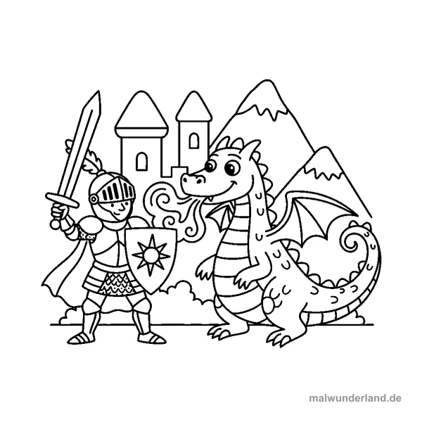 Ritter kämpft Drachen - Kostenloses Ausmalbild zum Ausdrucken