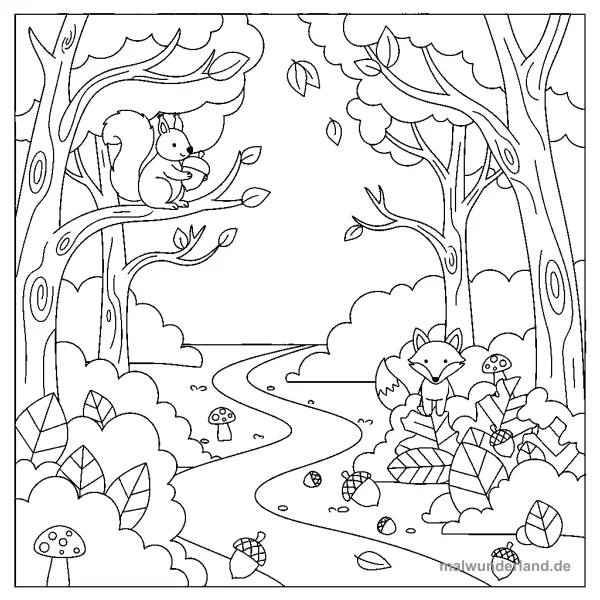 Herbstwaldweg - Kostenloses Ausmalbild zum Ausdrucken