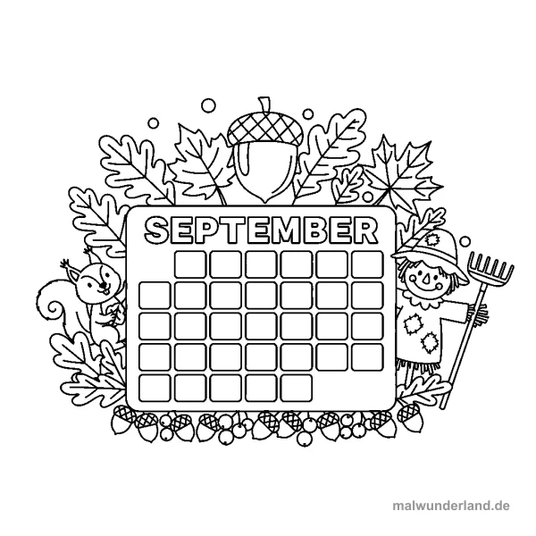 September Kalenderblatt - Kostenloses Ausmalbild zum Ausdrucken