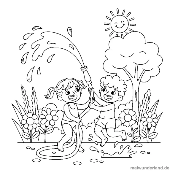 Kinder spielen mit Wasser - Kostenloses Ausmalbild zum Ausdrucken